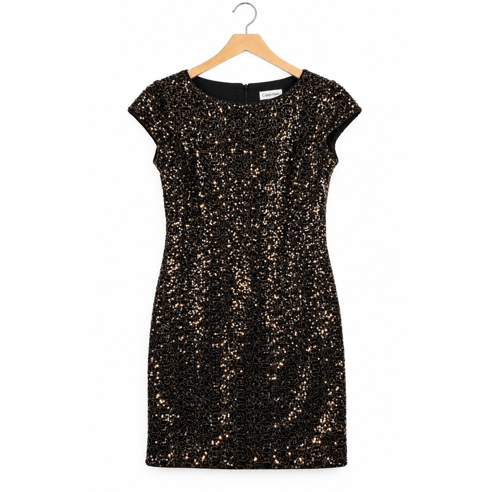 Eliza J Women Bronze Sequin Velvet Sheath Dress Cap Sleeve Black Gold Size 6 NWT